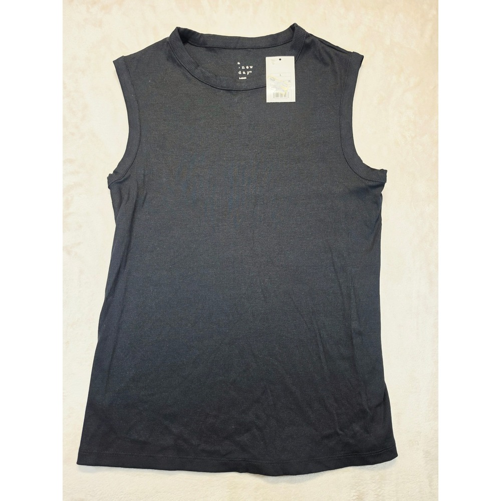 A New Day Womens Black Ribbed Sleeveless Crewneck Tank Top Muscle Tee Large NWT